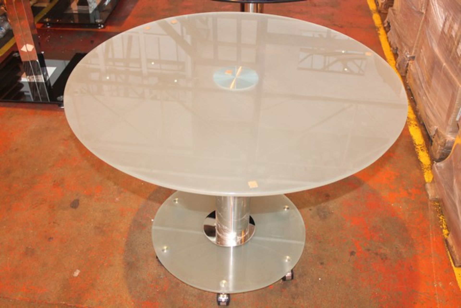 1 x VENICE 100CM FROSTED GLASS AND CHROME ROUND DINING TABLE RRP £250  *PLEASE NOTE THAT THE BID