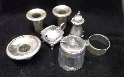 Silver plated mustard pot & liner, pepper pot, glass mustard pot with silver plated lid, napkin