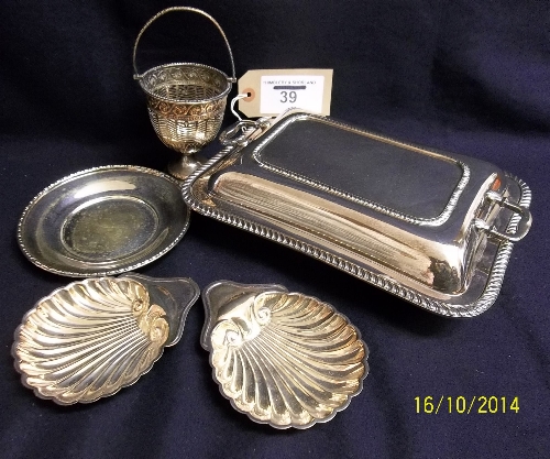 Silver plated serving dish with lid, 2 oyster shaped dishes, tray & an open fret basket