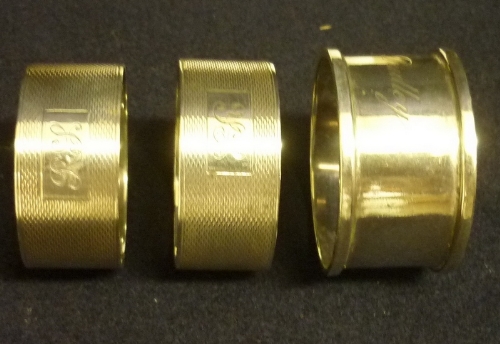 Pair of silver napkin rings & 1 other, engraved Dudley