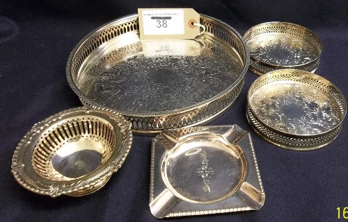 Silver plated tray, 2 coasters, ashtray & an open bowl