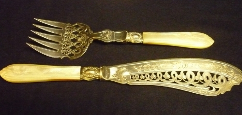 Silver plated fish server with mother of pearl handles