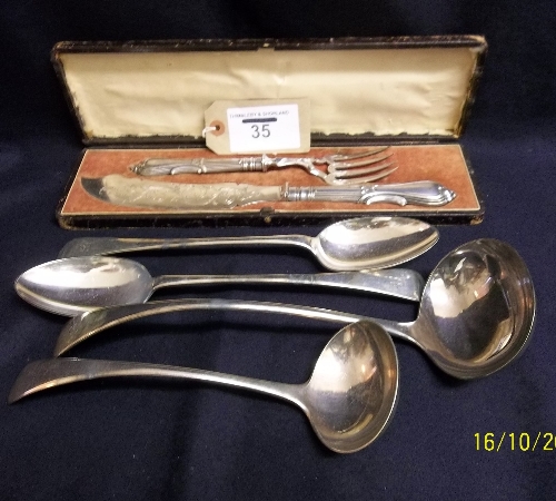 2 silver plated ladles, 2 silver plated serving spoons, boxed serving knife & fork & a meat skewer