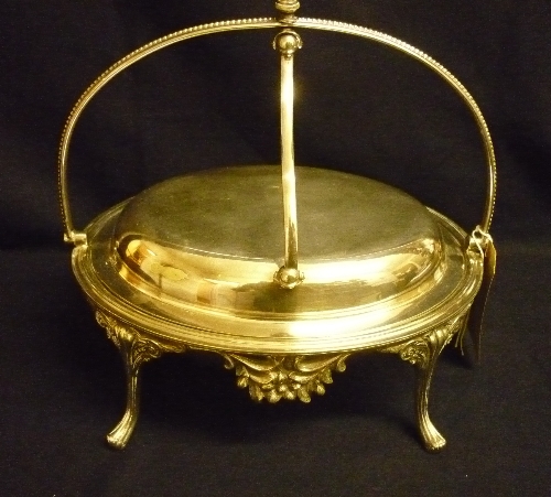 Silver plated chafing dish on decorated feet with plain & pierced inserts