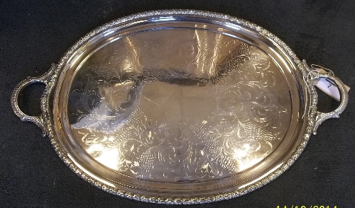 Large silver plated tray, engraved with vine leaves & grapes, 68cm long excluding handles x 51cm