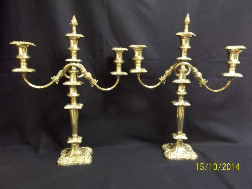 Pair of silver plated 2 branch candelabras, highly decorated, overall height 48cms