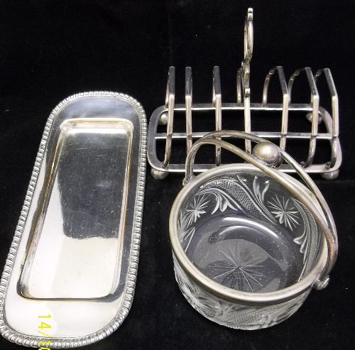 Silver plated toast rack, rectangular shallow dish & a glass & silver plated bon bon dish