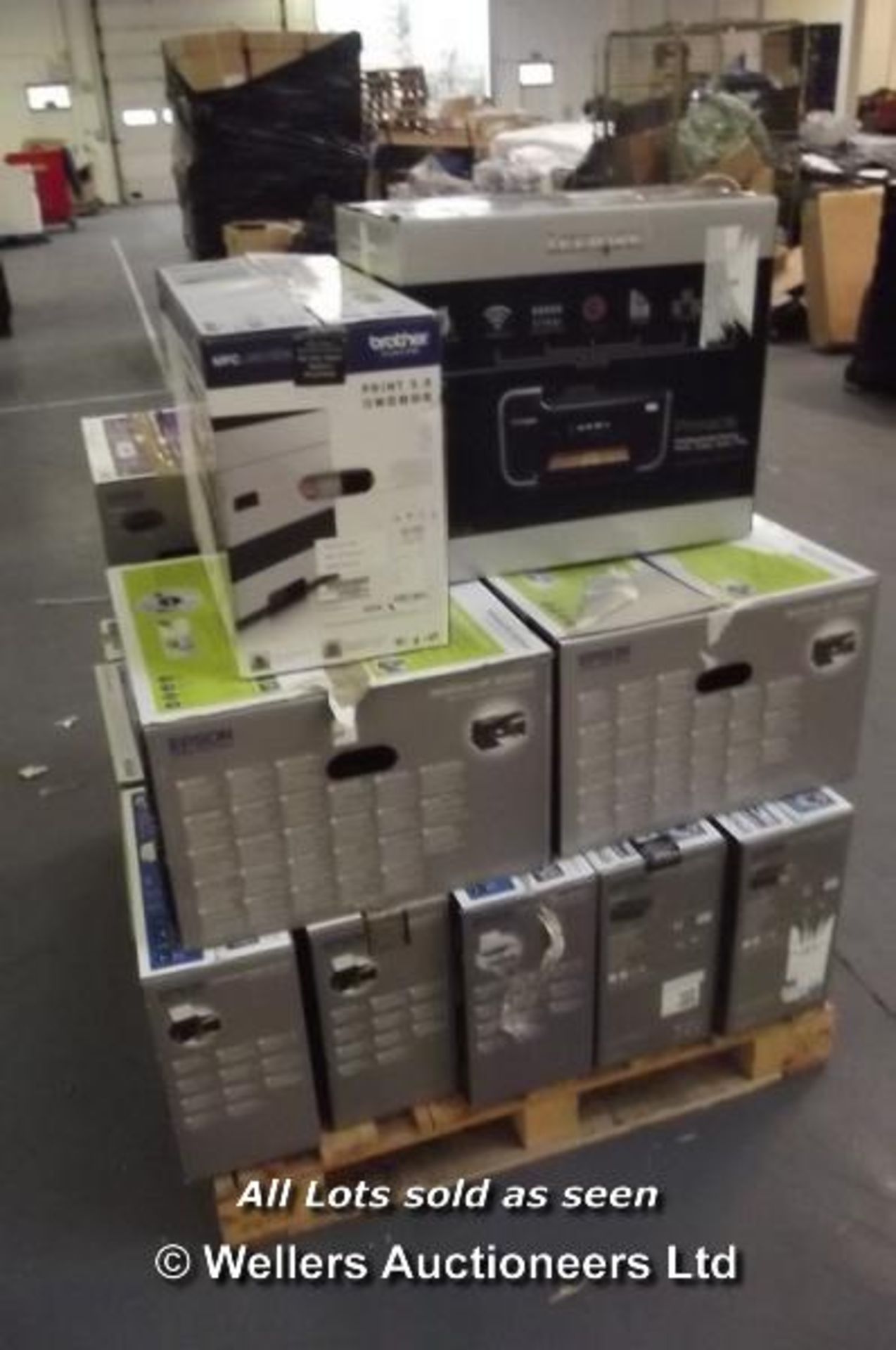 *1X PALLET OF APPROX 20X MIXED BOXED PRINTERS INC 1X BROTHER MFCJ4510, 2X EPSON WF3520, 2X XP312, 8X