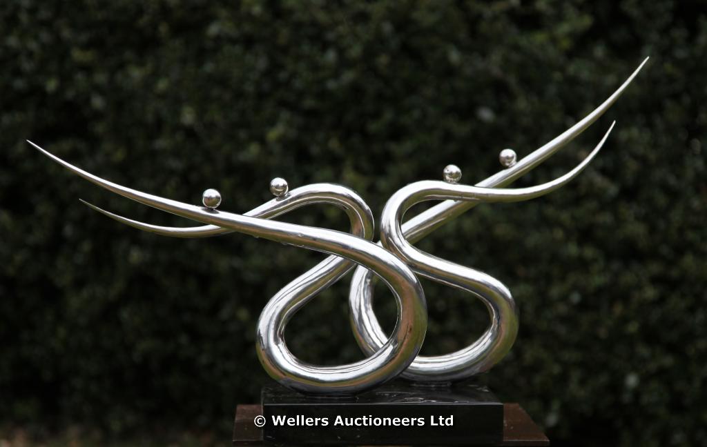 Stainless Steel Sculpture of Abstracted Figures on a Marble Plinth, 52cms high by 86cms wide by