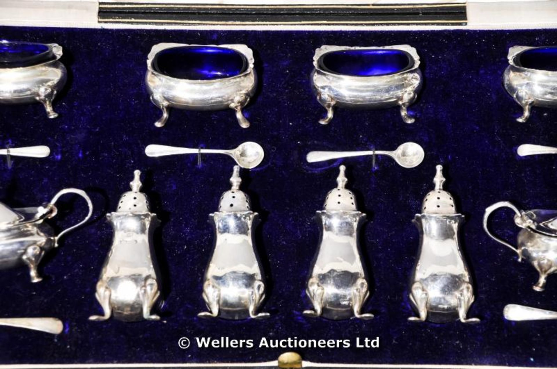 A silver cruet set in the original retailers box, Brock and Sons, Edinburgh, inc. 4 x salts, 4 x - Image 2 of 4