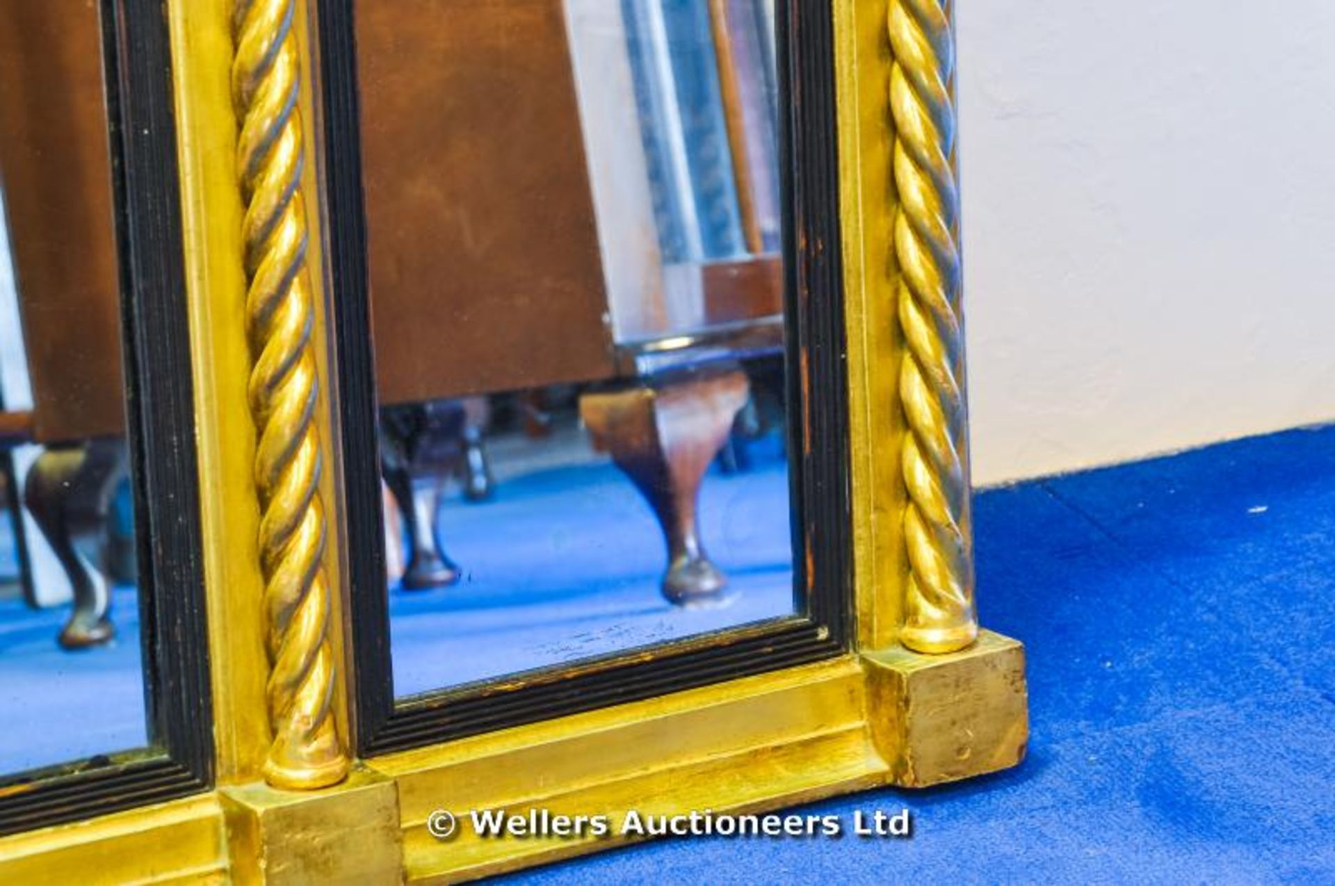 A large three section Regency gilt over mantle mirror, 169l x 79l - Image 3 of 5