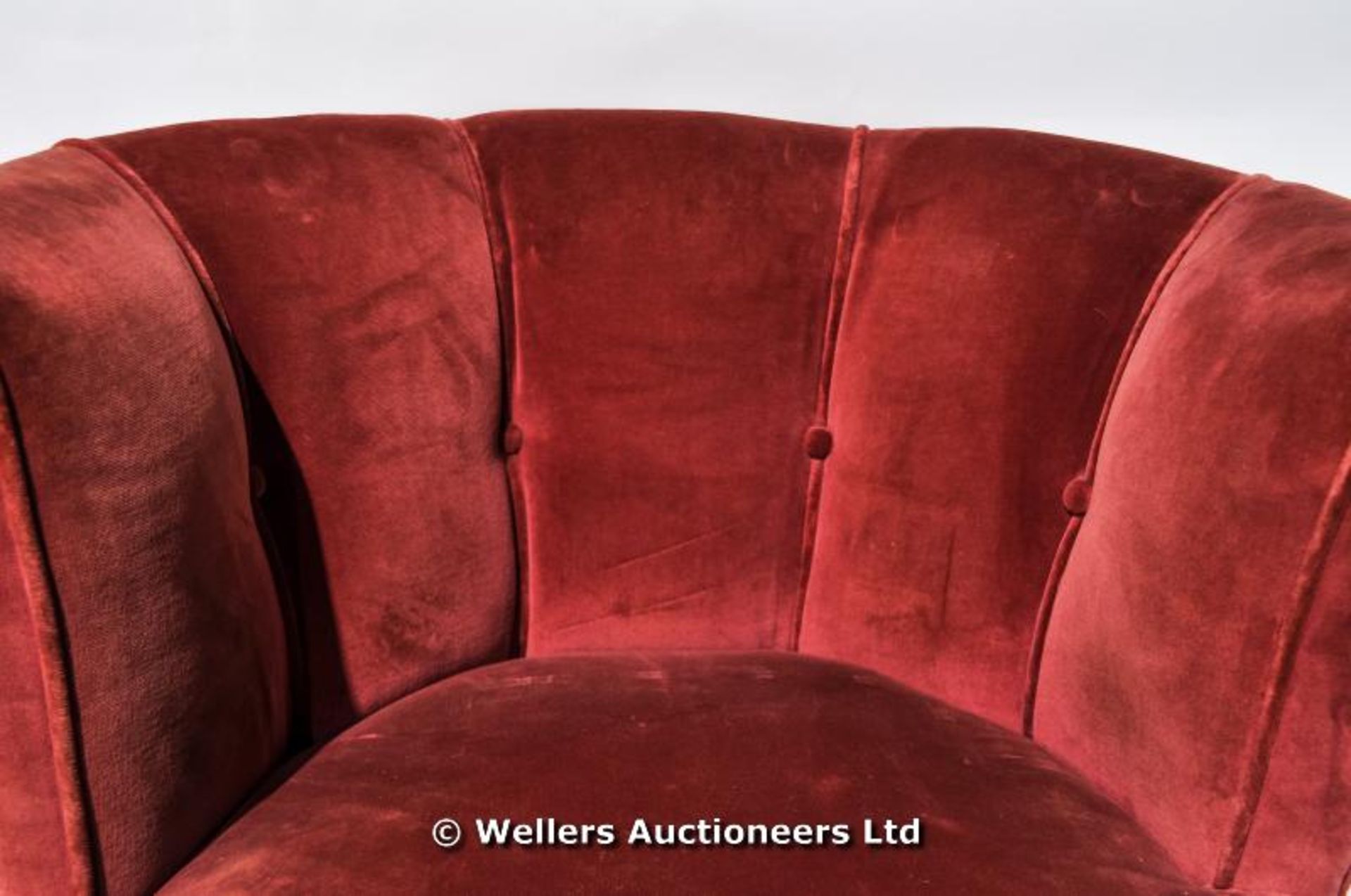 A red velvet covered tub chair, C1930, together with an inlaid corner chair and a five shelf folding - Image 6 of 10