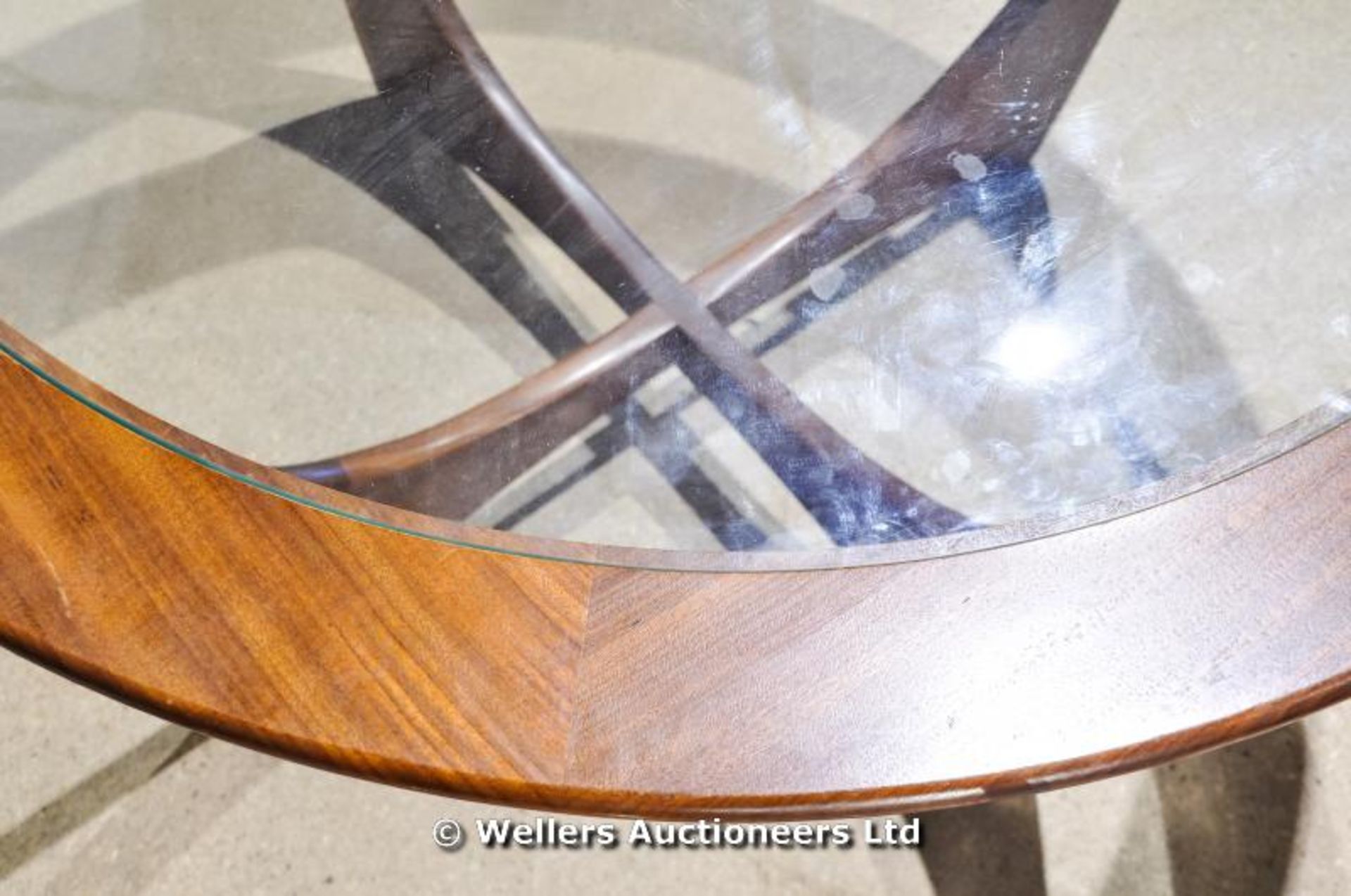 A G Plan circular glass and teak coffee table with X frame supports - Image 3 of 3