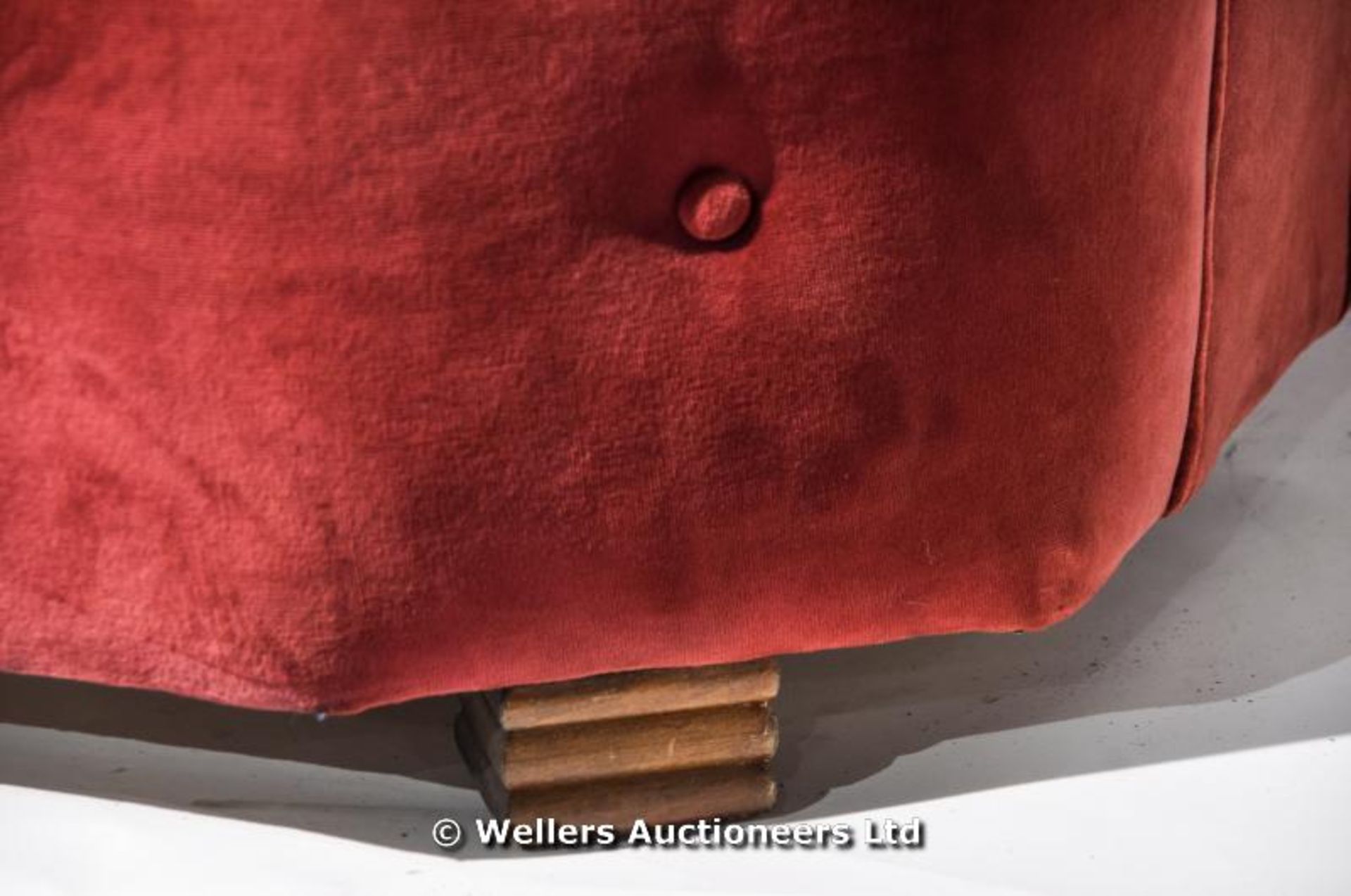 A red velvet covered tub chair, C1930, together with an inlaid corner chair and a five shelf folding - Image 7 of 10