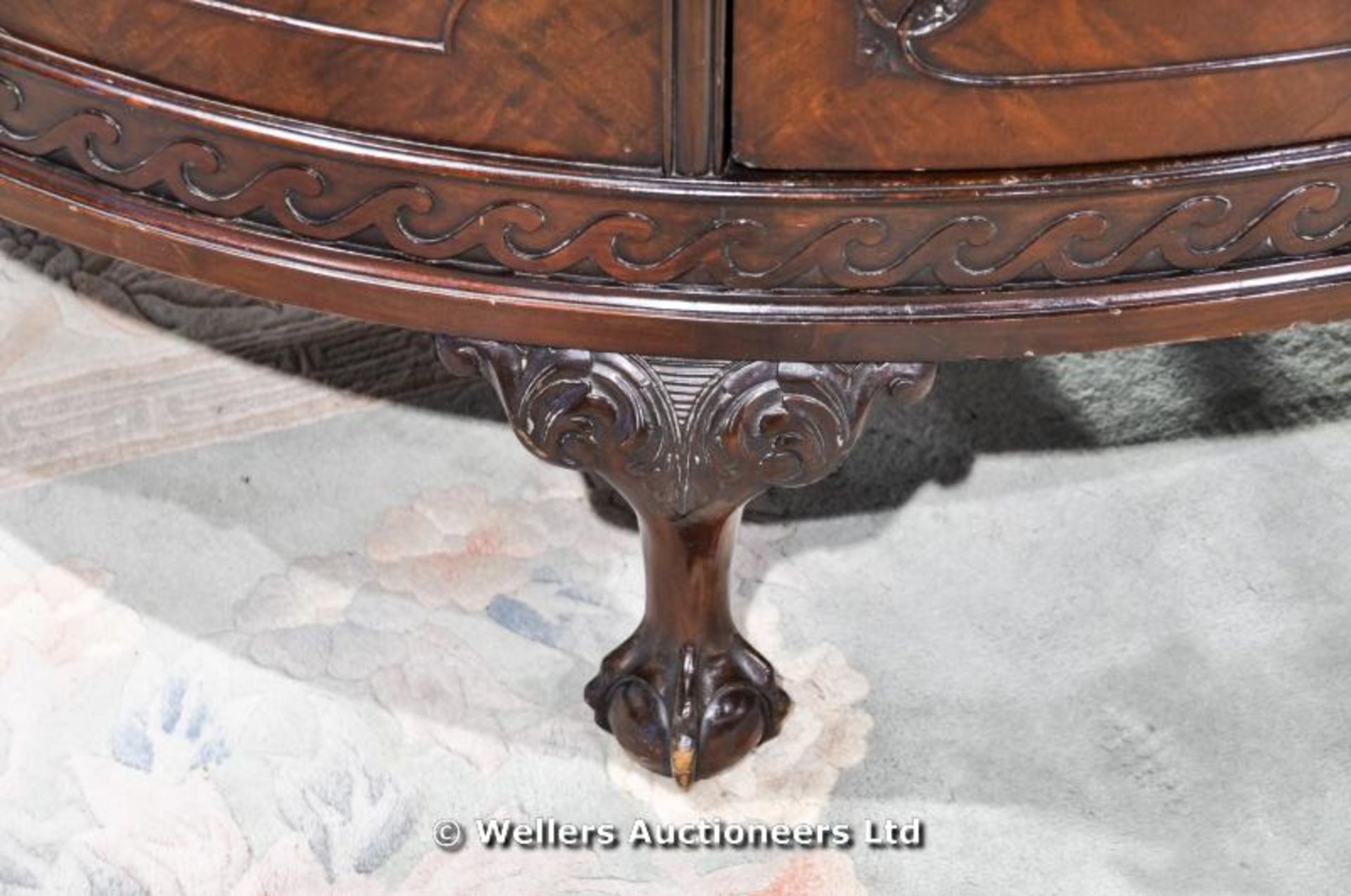 Queen Anne style semi circular sideboard with central cupboard enclosing two shelves, ball and - Image 4 of 7