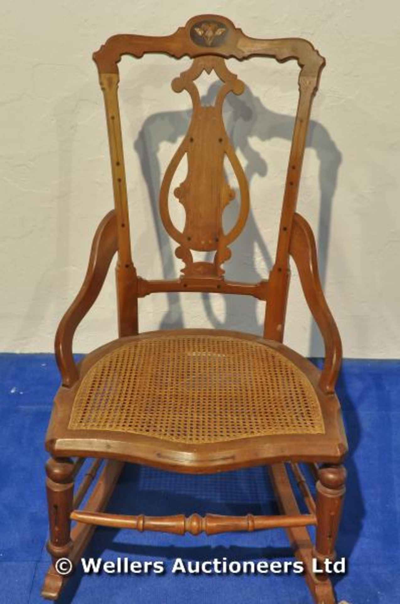 A rocking nursing chair with bergère cane seat inlaid detail to cresting rail and pierced lyre - Image 3 of 3