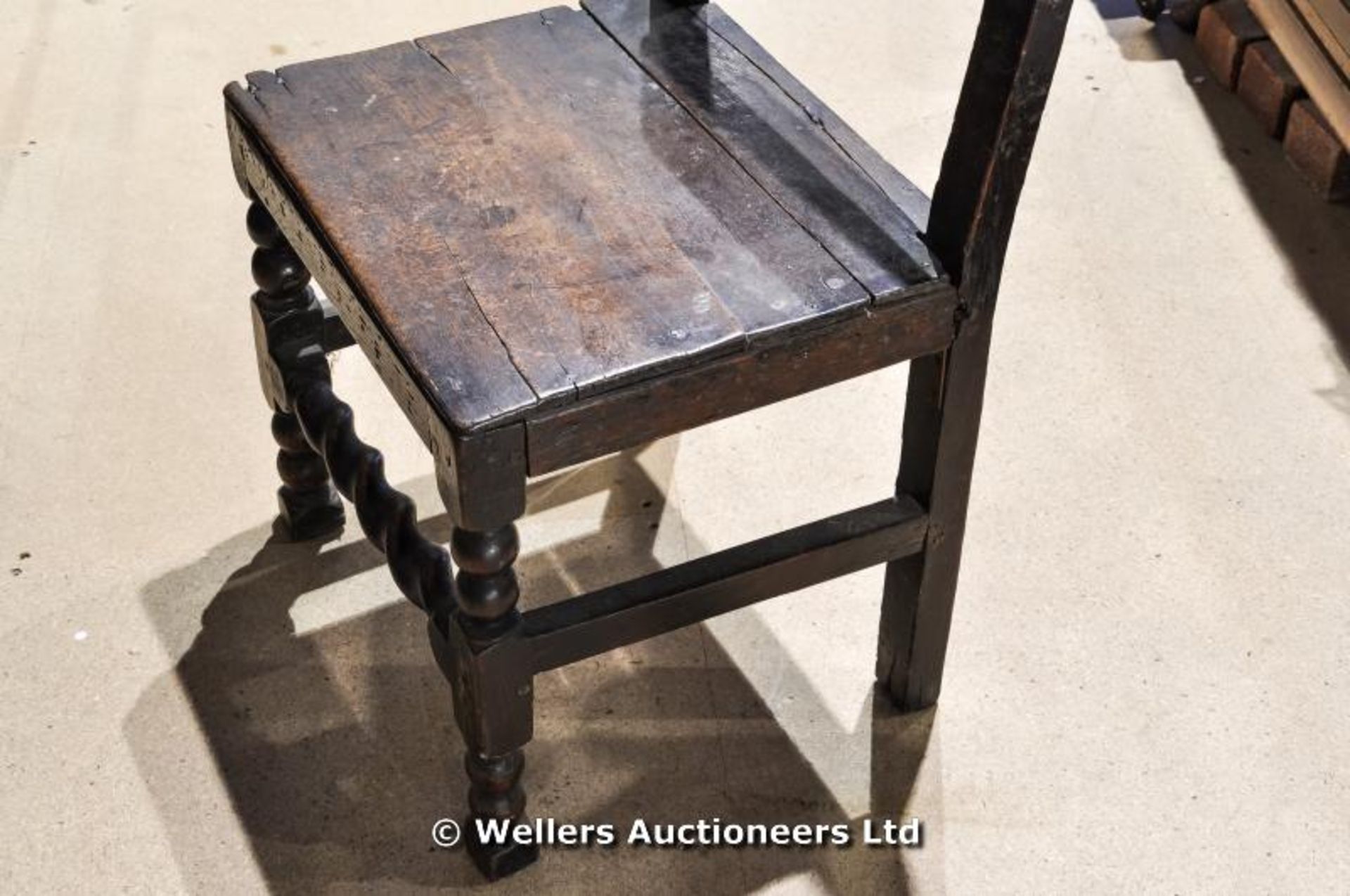 A 17th oak chair with half leather back with stud detailing. Vendors family folklore suggests this - Image 2 of 3