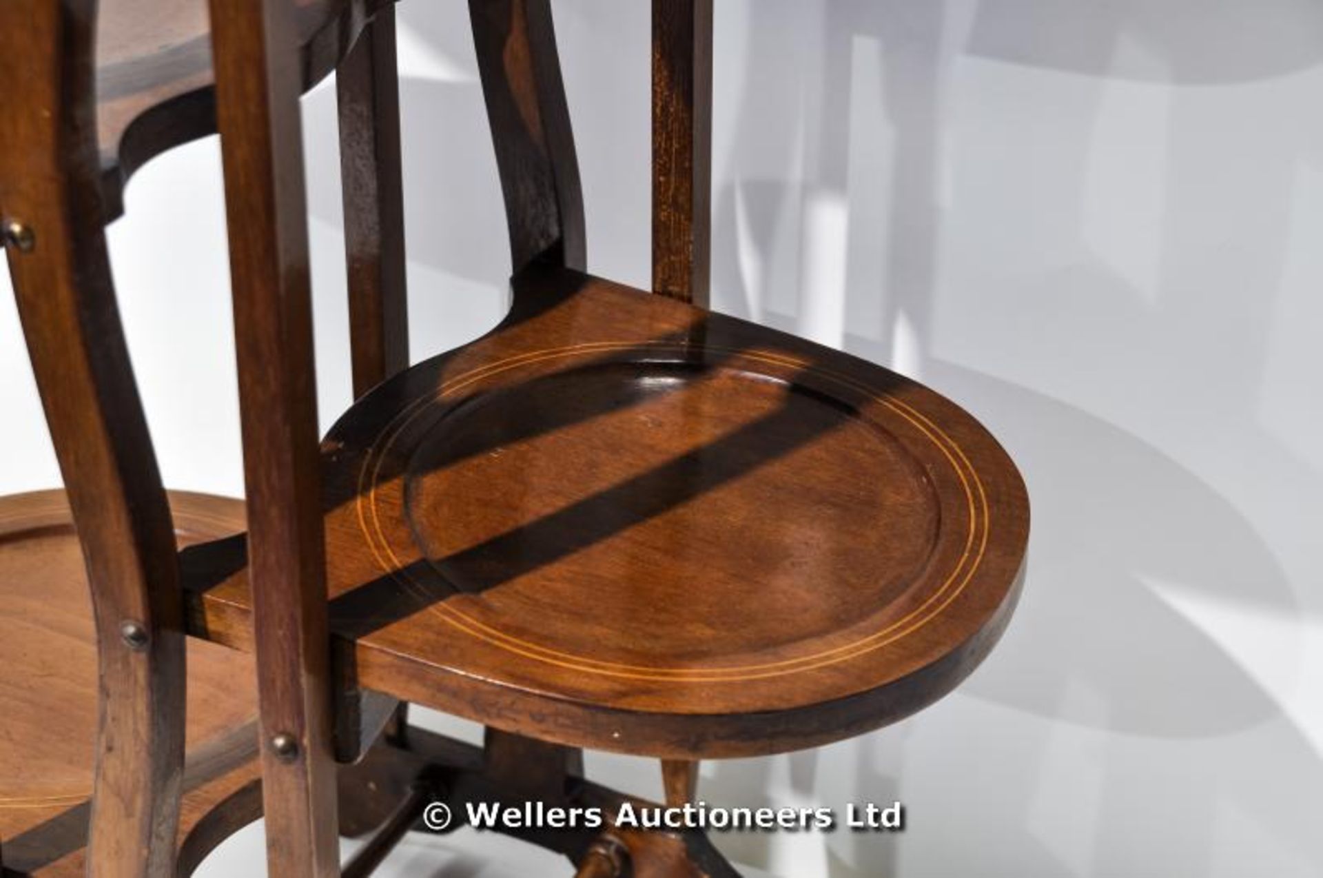 A red velvet covered tub chair, C1930, together with an inlaid corner chair and a five shelf folding - Image 4 of 10