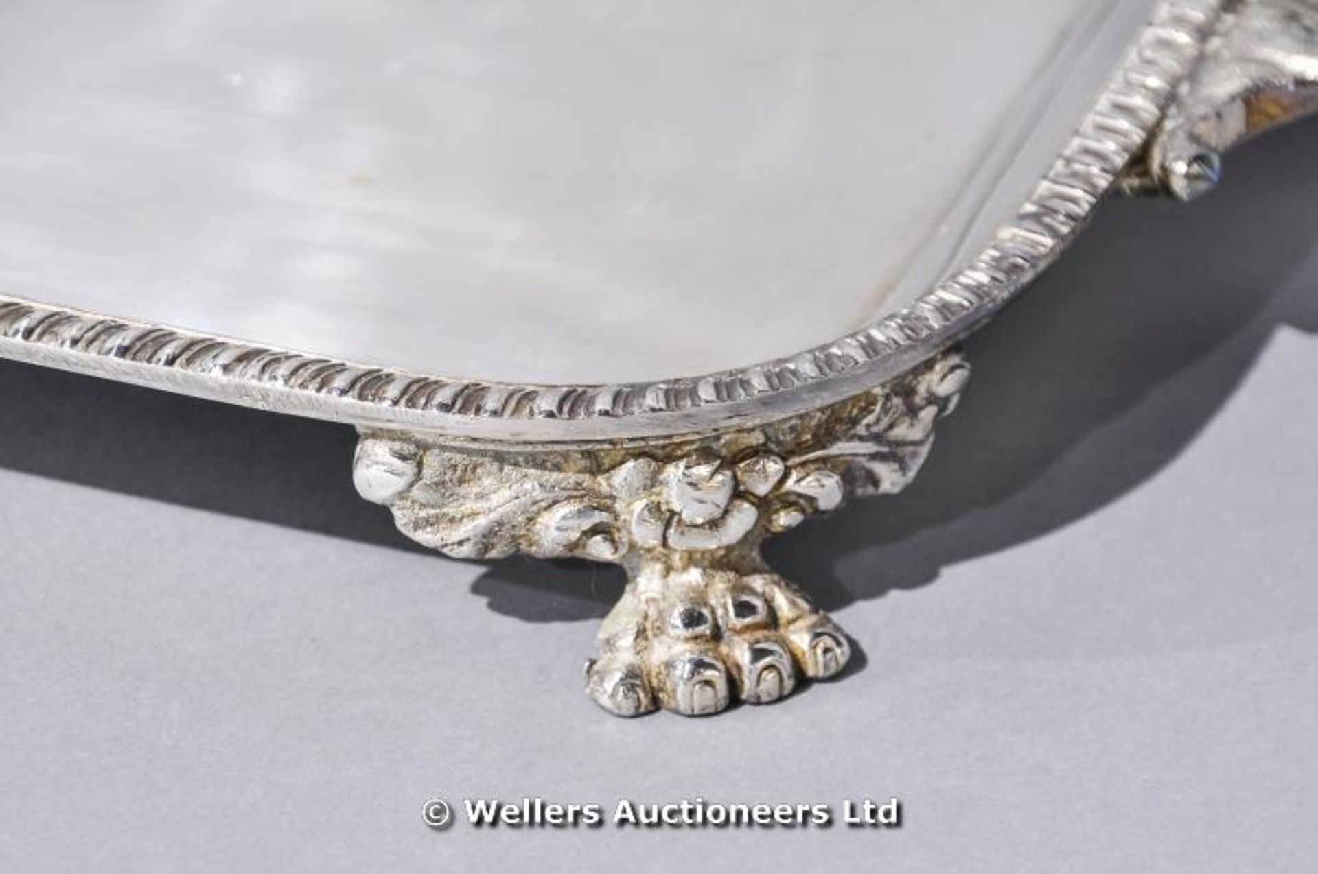 A silver plated two handled tray on four paw feet, C1920 - Image 5 of 6