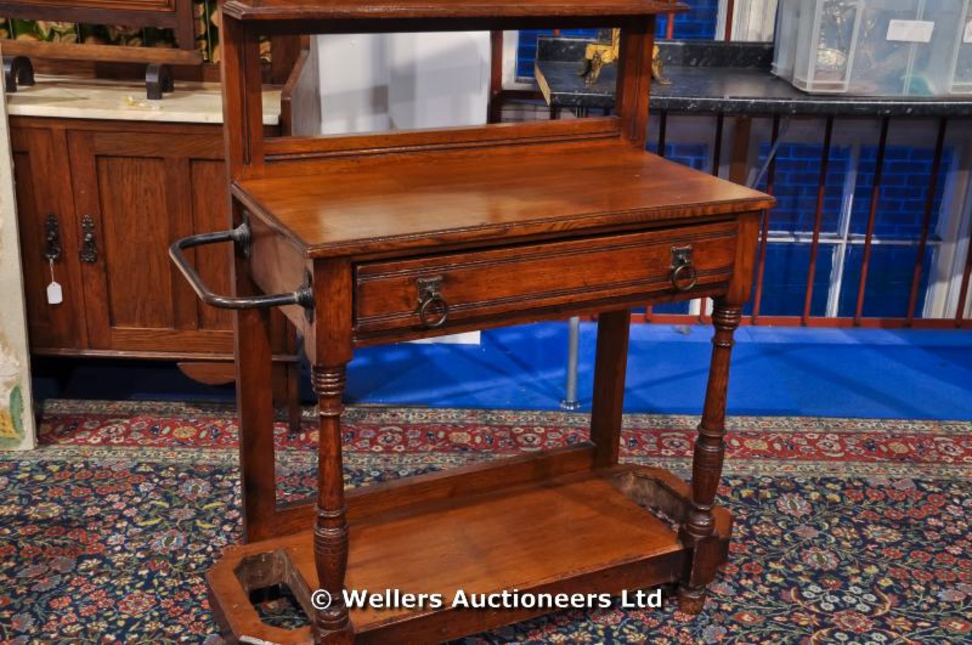 An oak hall stand, with original mirror plate, a single drawer and under tier, C1880 - Image 2 of 4