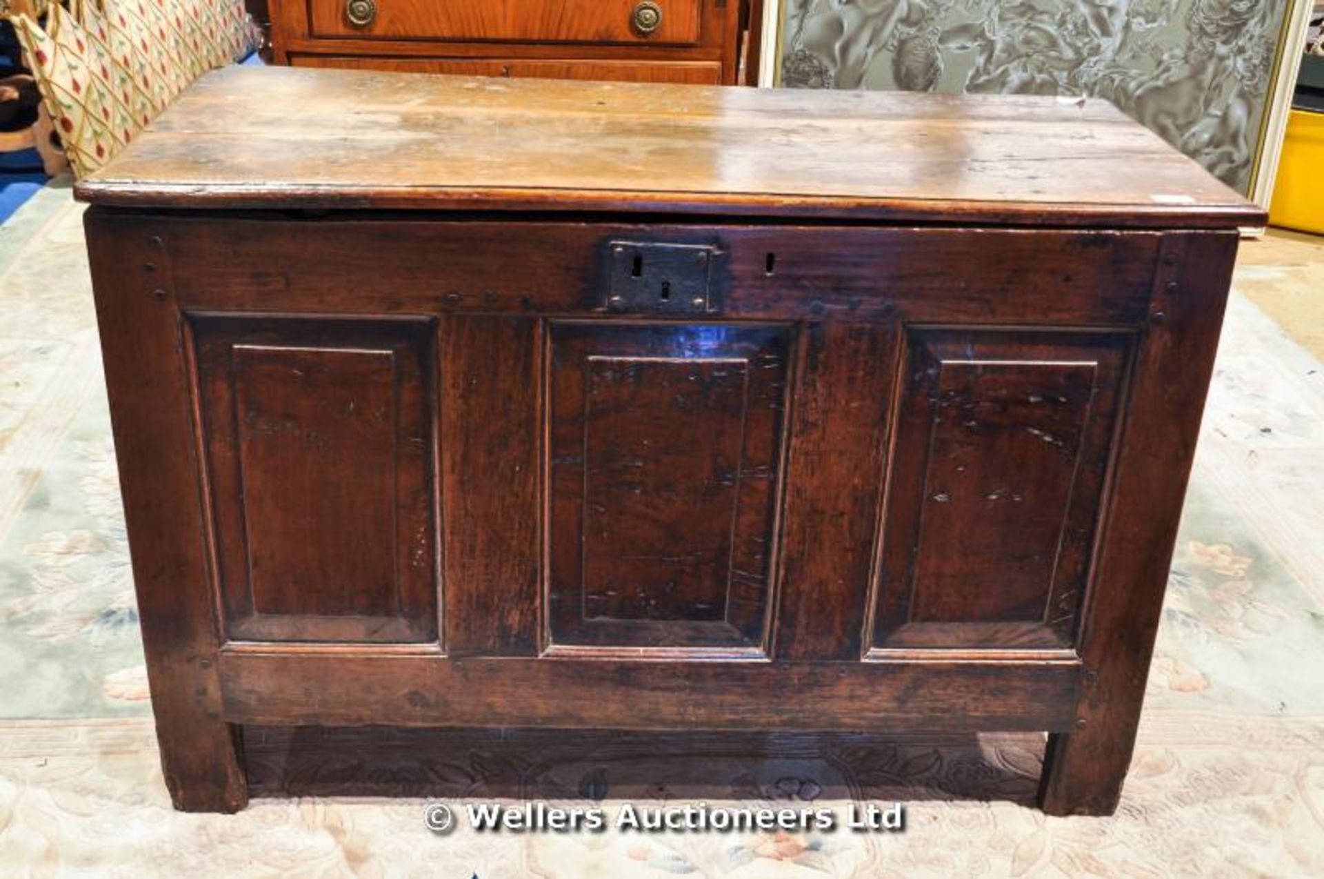 An 18thC oak mule chest, three panelled front with plank construction lid