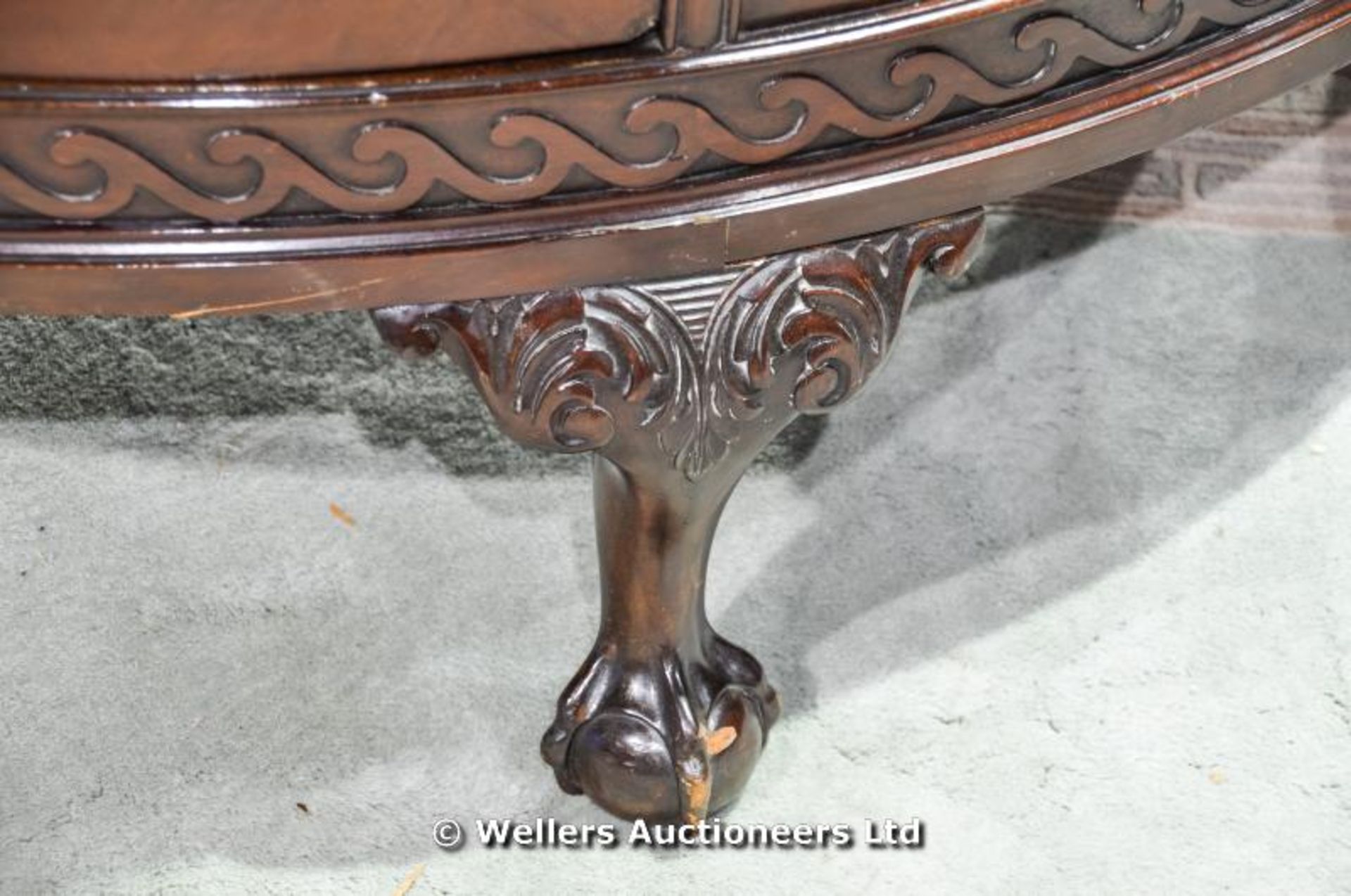 Queen Anne style semi circular sideboard with central cupboard enclosing two shelves, ball and - Image 7 of 7