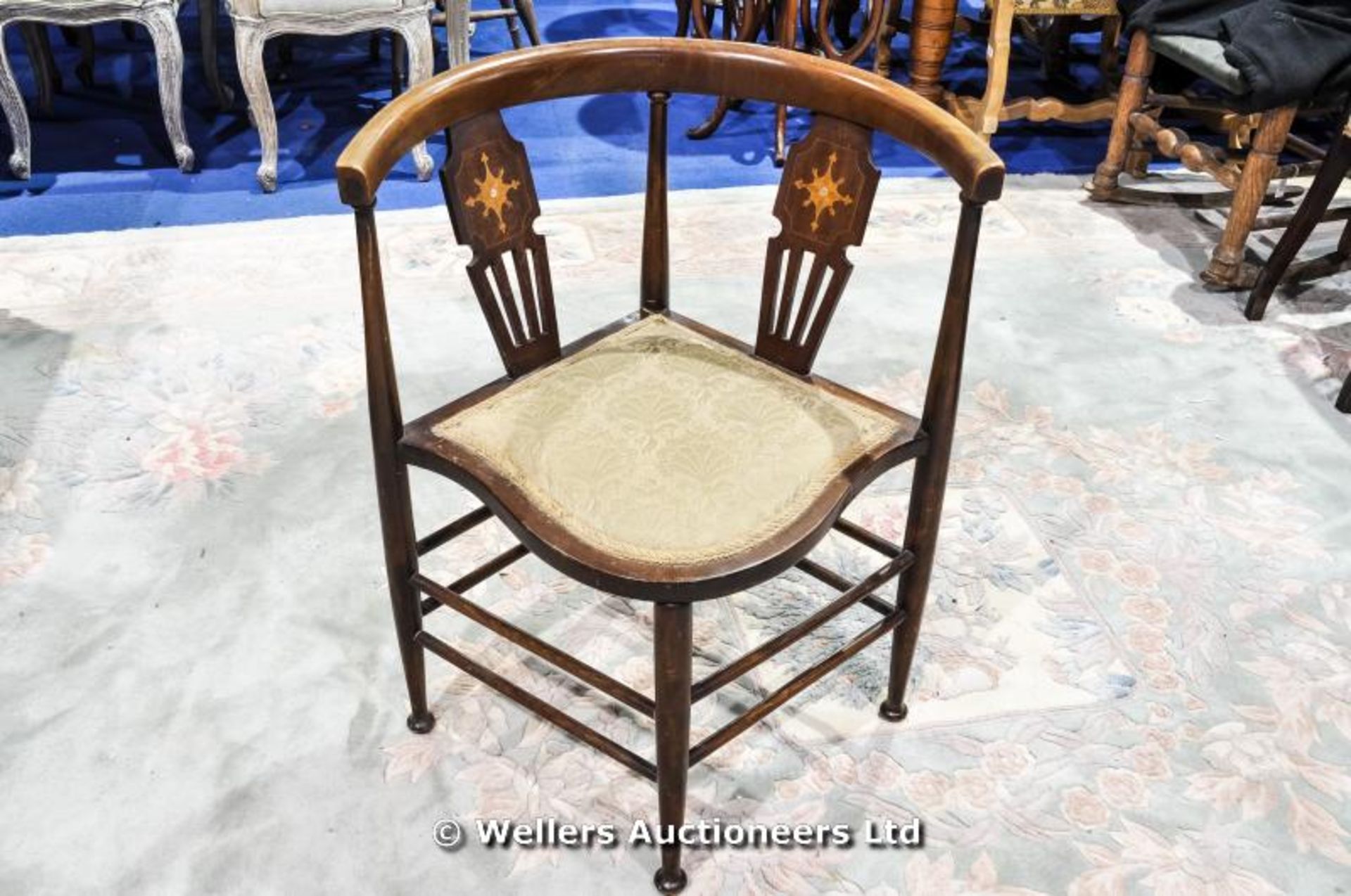 A red velvet covered tub chair, C1930, together with an inlaid corner chair and a five shelf folding - Image 8 of 10