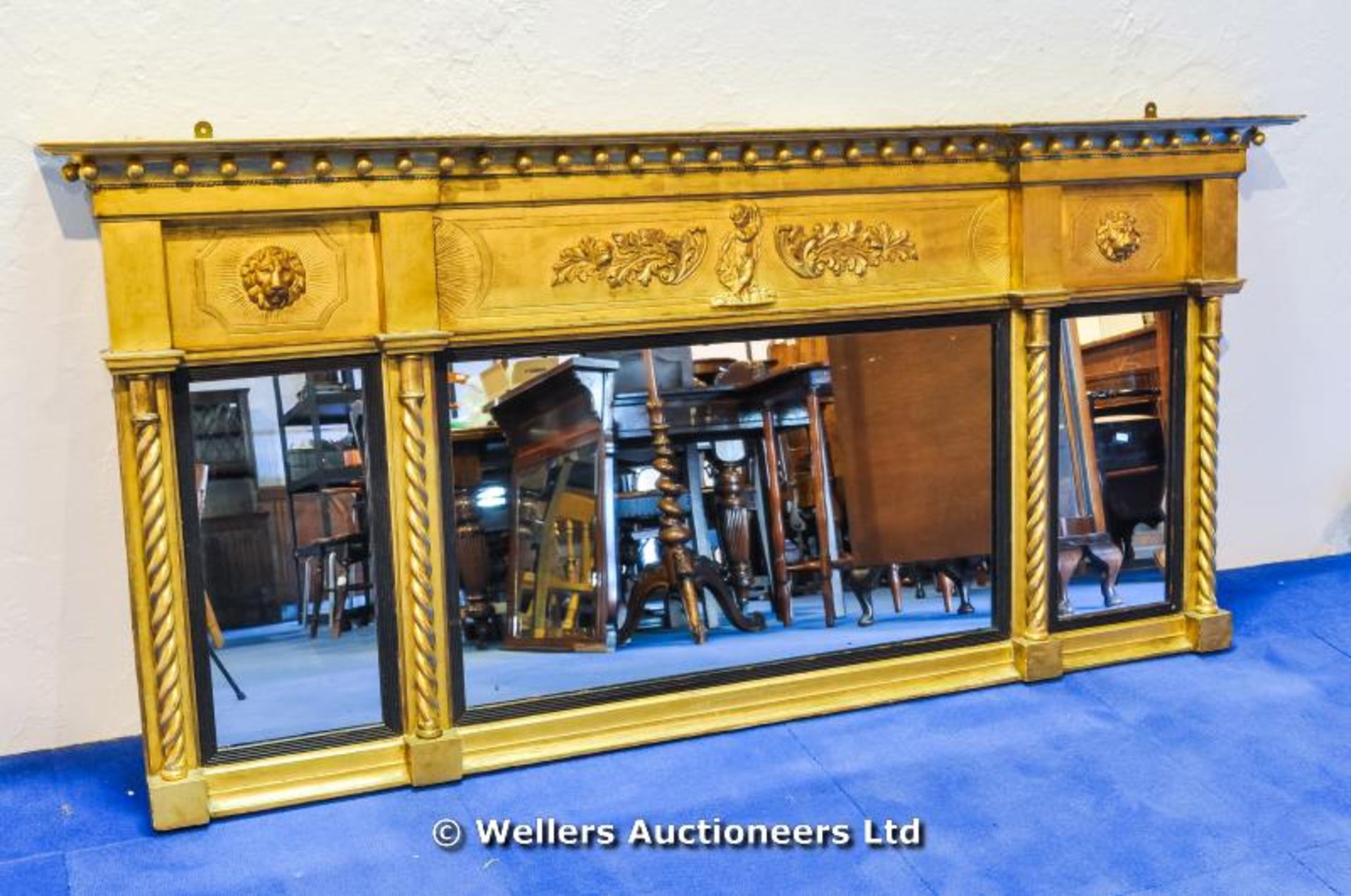 A large three section Regency gilt over mantle mirror, 169l x 79l