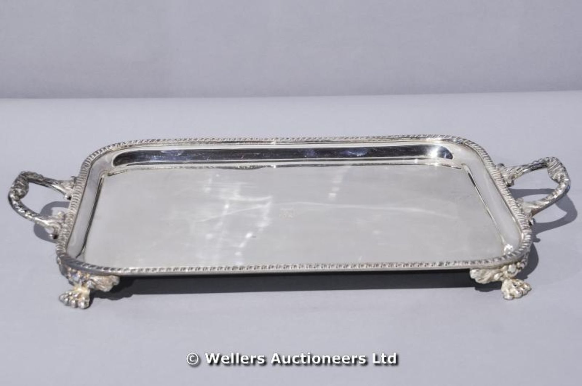 A silver plated two handled tray on four paw feet, C1920 - Image 4 of 6