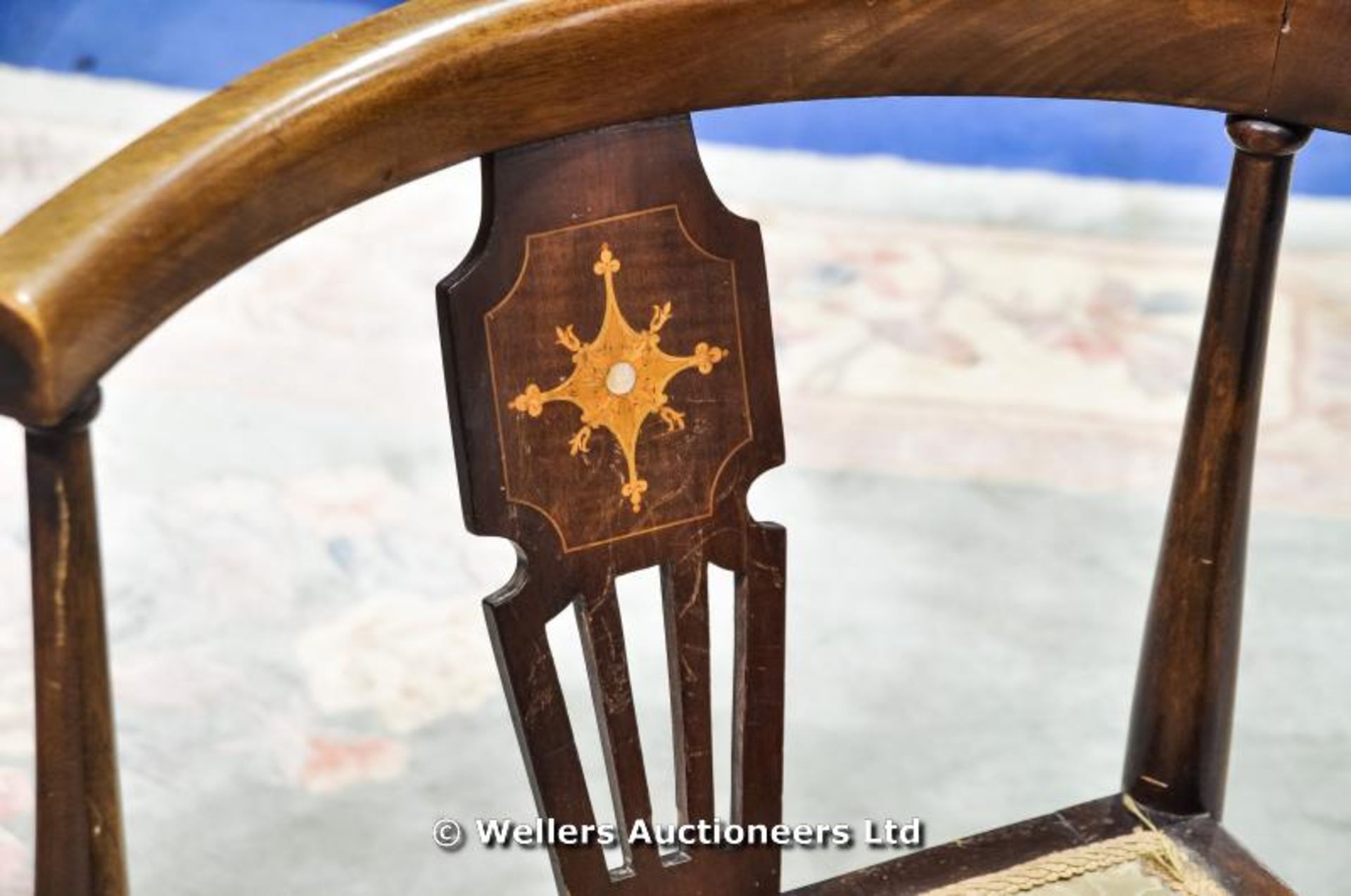 A red velvet covered tub chair, C1930, together with an inlaid corner chair and a five shelf folding - Image 9 of 10