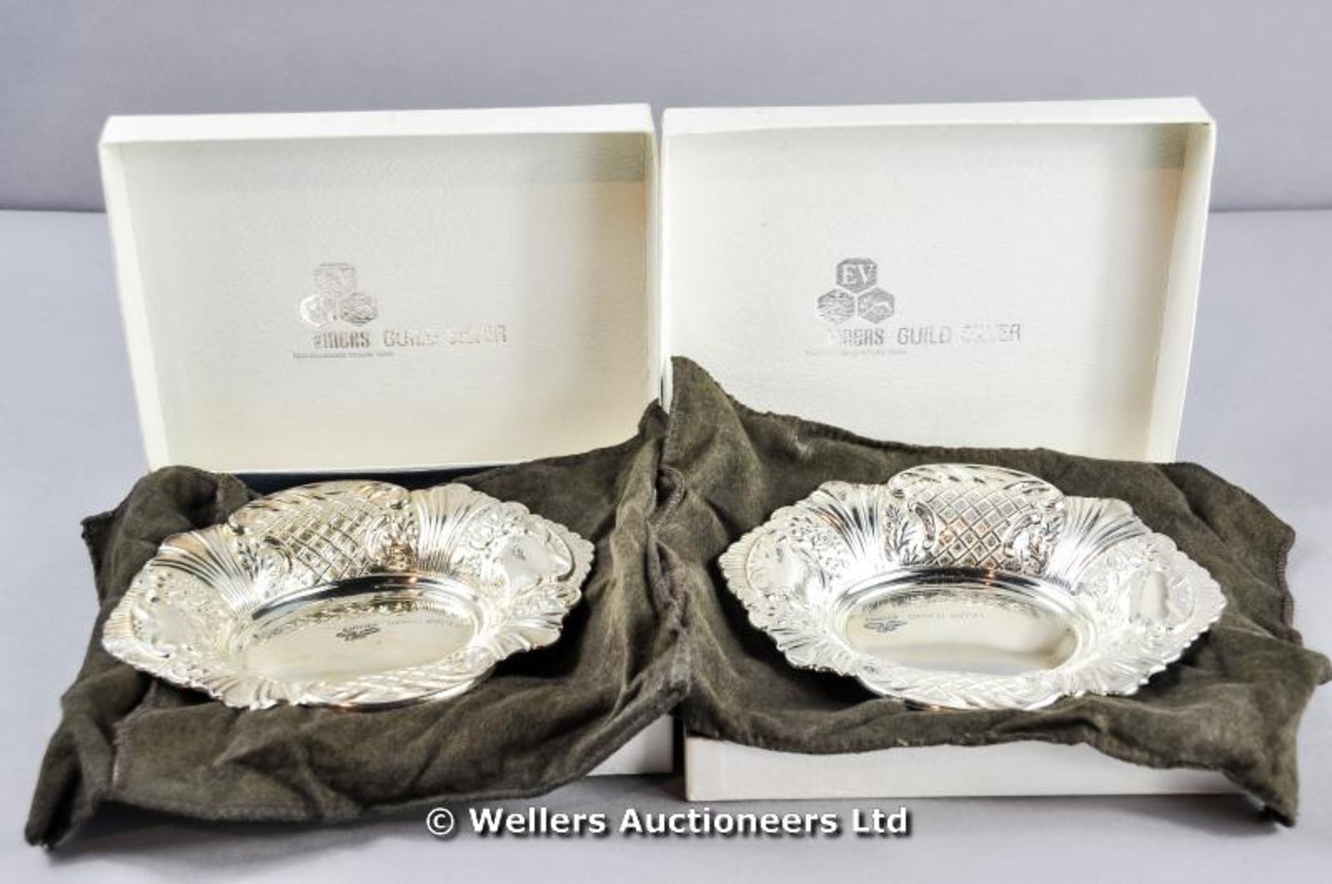 *Two Viners matching silver bon bon dishes, both in their original Viners boxes (as new),