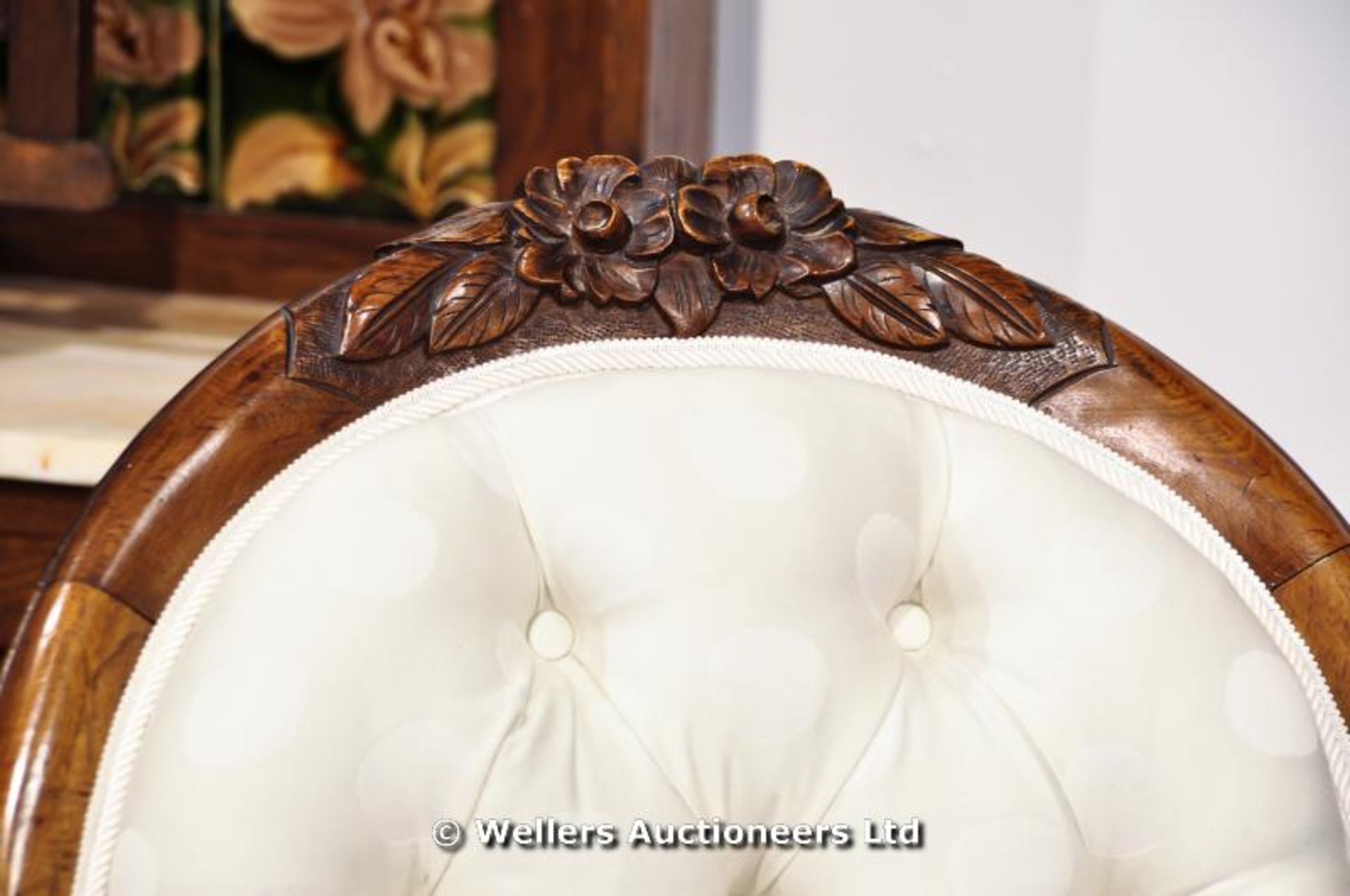 A Victorian button back salon chair with carved legs and frame on original castors - Image 2 of 7