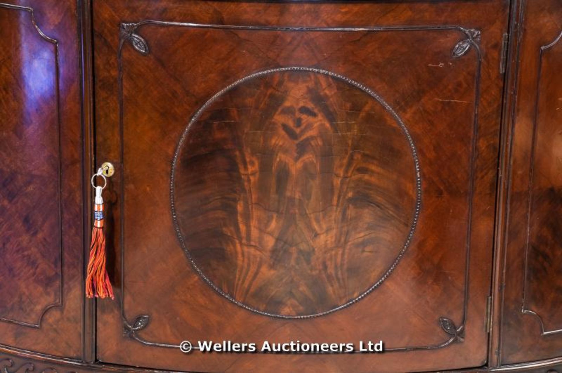 Queen Anne style semi circular sideboard with central cupboard enclosing two shelves, ball and - Image 2 of 7