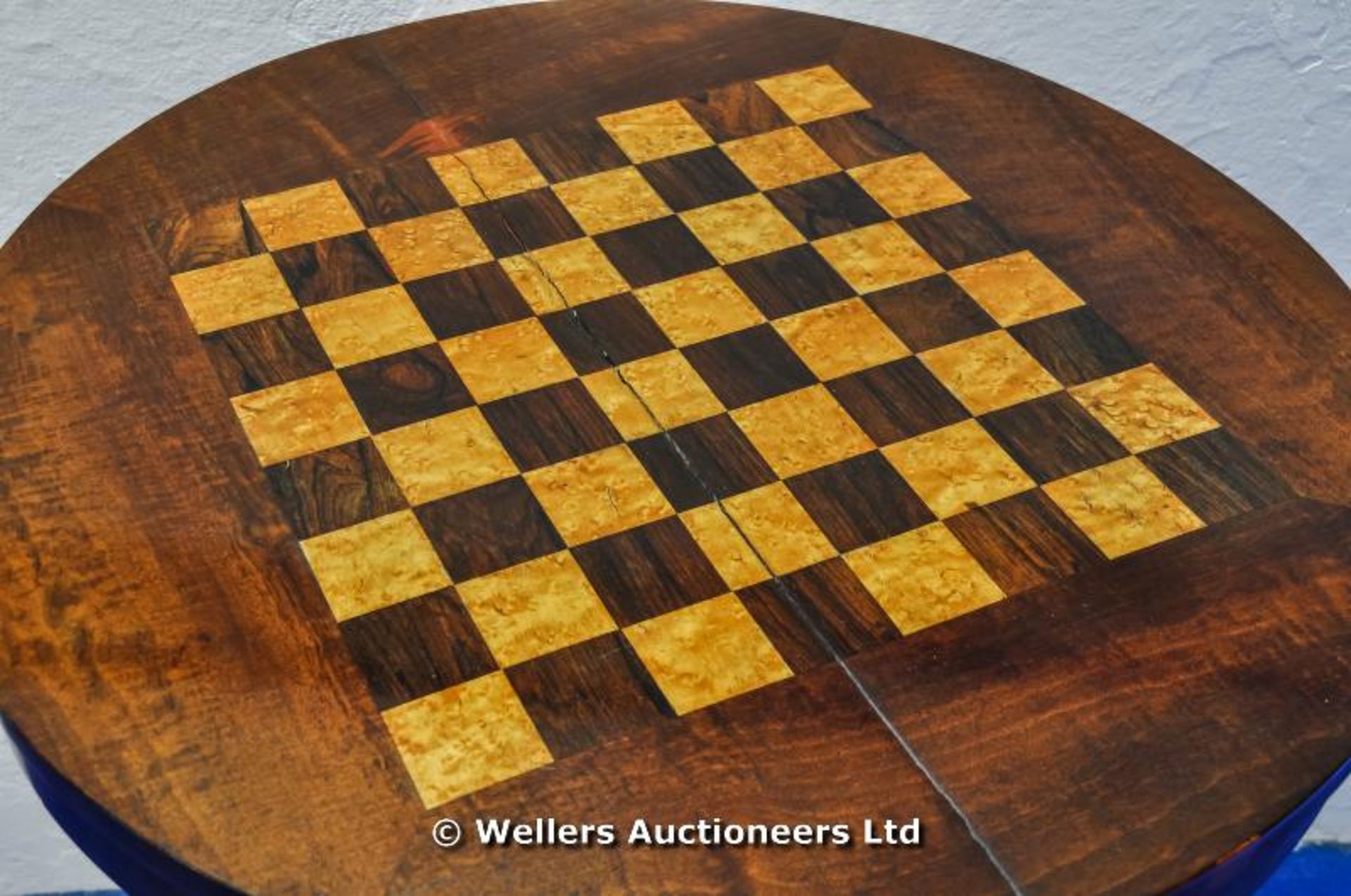 C1850 circular inlaid chess table on fluted column sitting on triangular base with bun feet - Image 2 of 2