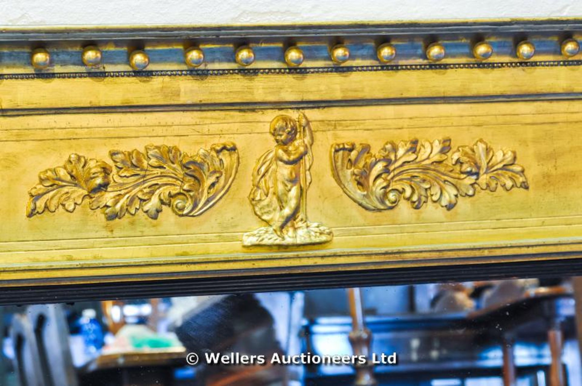 A large three section Regency gilt over mantle mirror, 169l x 79l - Image 2 of 5