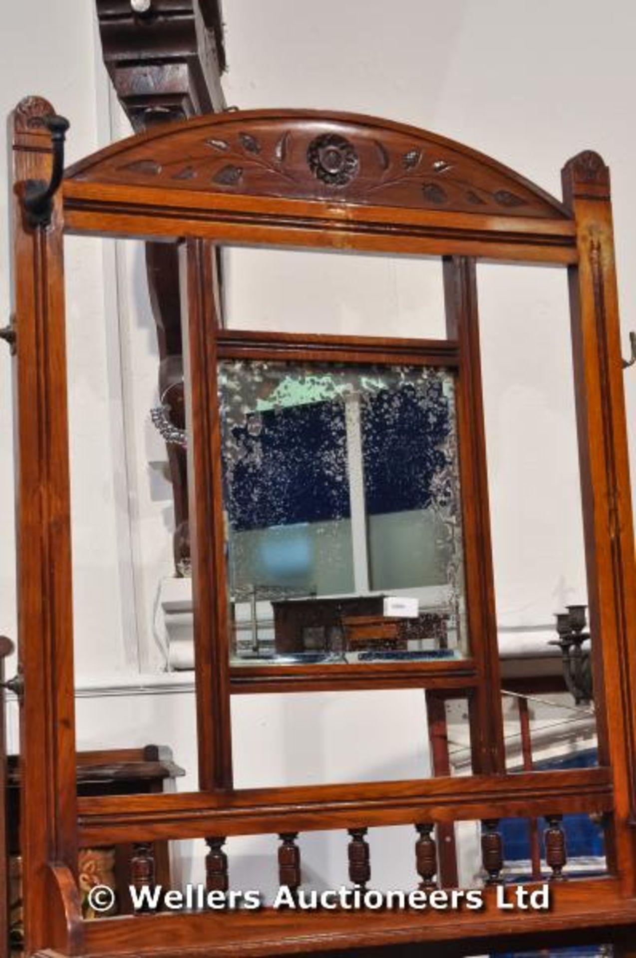 An oak hall stand, with original mirror plate, a single drawer and under tier, C1880 - Image 3 of 4