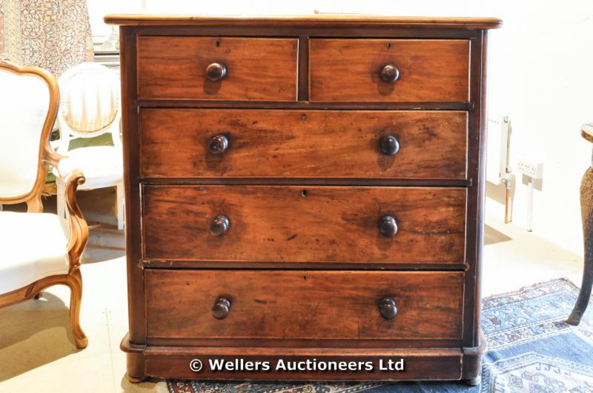 A mahogany chest of drawers, two short over three long, 118 wide x 53 deep x 116 high