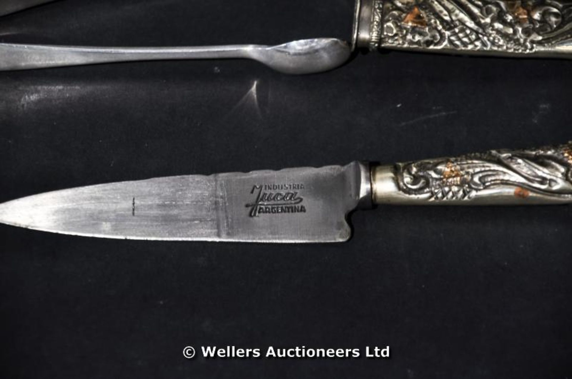 A white metal knife and sheaf made in Argentina together with a pair of silver sugar nips - Image 2 of 3