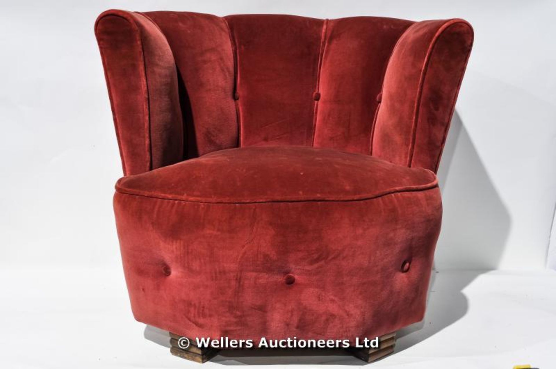 A red velvet covered tub chair, C1930, together with an inlaid corner chair and a five shelf folding - Image 5 of 10