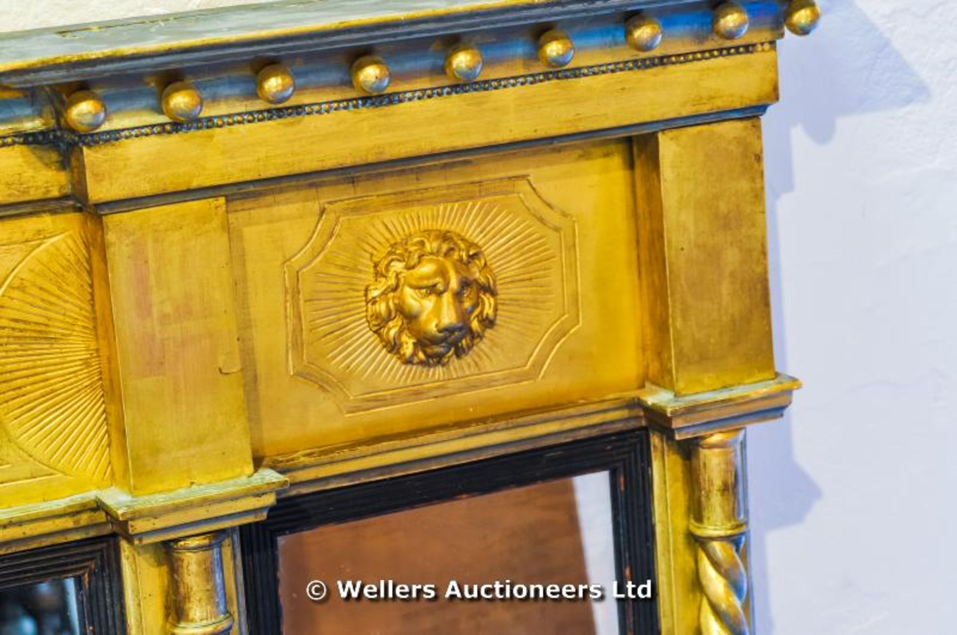 A large three section Regency gilt over mantle mirror, 169l x 79l - Image 4 of 5