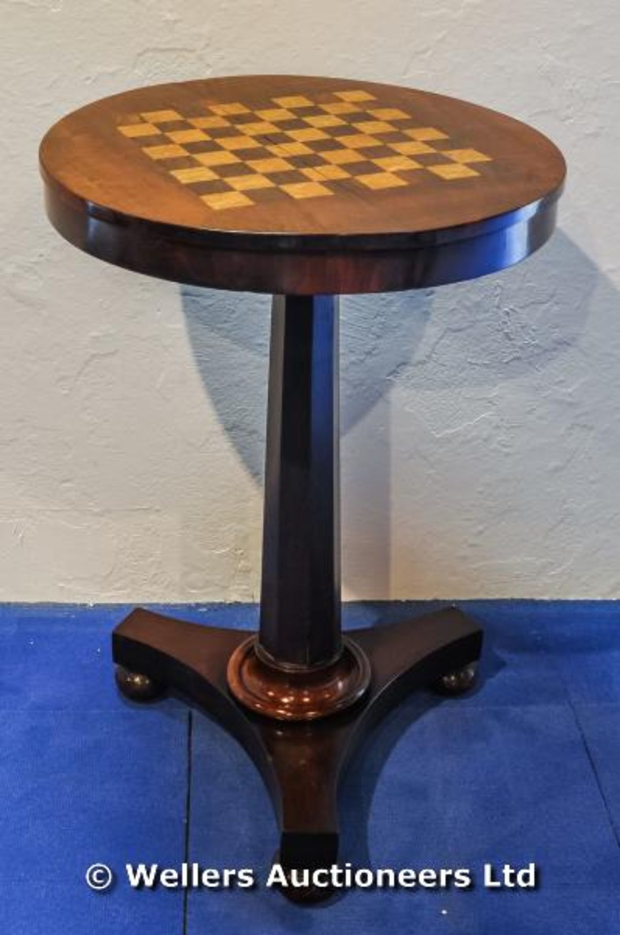 C1850 circular inlaid chess table on fluted column sitting on triangular base with bun feet