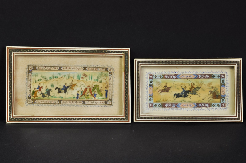 Two Persian paintings on ivory, c1900, one featuring riders playing polo, the other a hunting scene,