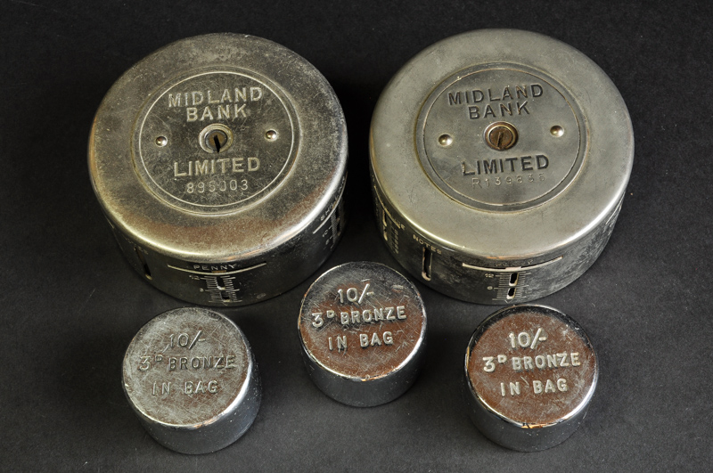 Midland Bank, multi-coin (pre-decimal) money boxes (2); weights (3), for "10/- 3d Bronze in Bag",
