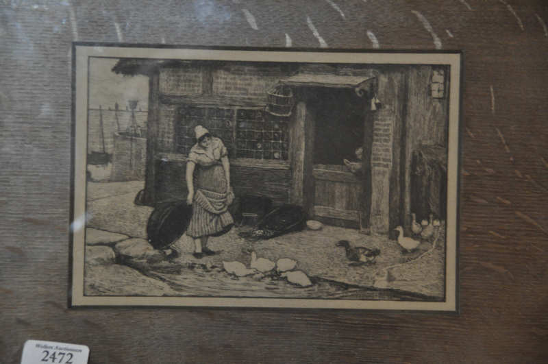 A late 19thC lithograph, wooden mount, in an oak frame, initialed RM and dated 1877, 23 x 16cm