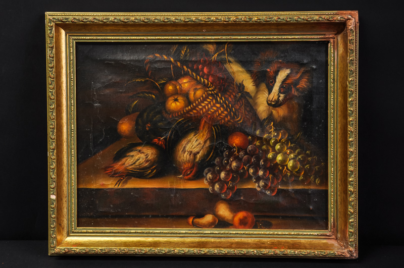 A Victorian oil on canvas, still life of game, fruit and dog gilt frame