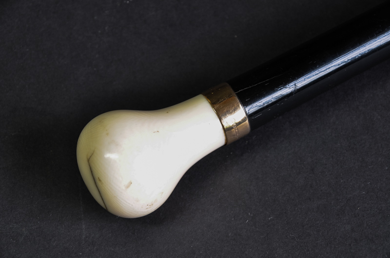 An ebony walking cane, with ivory screw on top and 9ct gold collar, c1900