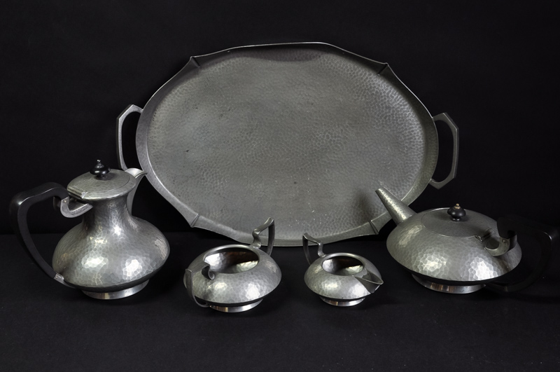 A William Hutton hammered pewter tea/coffee service, including tray, c1930