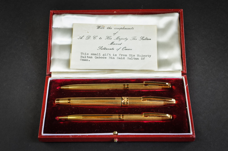 An 18ct gold three pen set, hallmarked, in original Asprey`s case, gift from the Sultan of Oman with