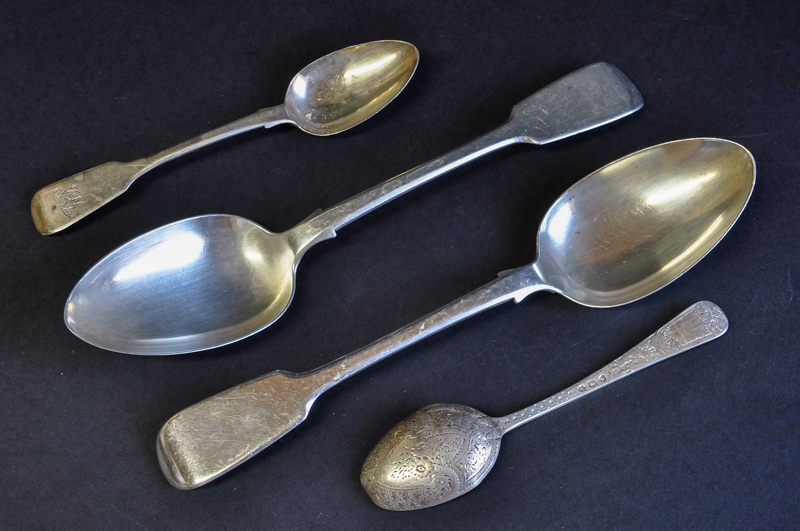 Two silver tablespoons, London 1841; a Georgian teaspoon; and a Victorian teaspoon, 195grs total