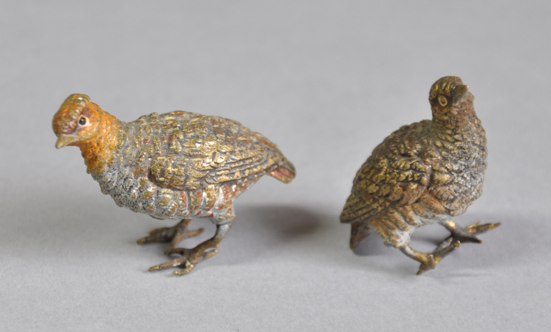 Two Vienna cold painted bronze figures of a pair of grouse, 5cm max. (2)